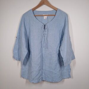 Kate Hill Woman Tunic Women 1X Blue Linen Lace Up Boho Casual Top